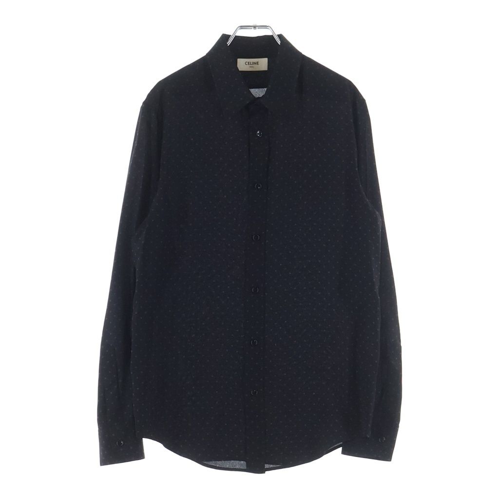 Celine Triomphe All Over Pattern Silk Long Sleeve Shirt 37 Black