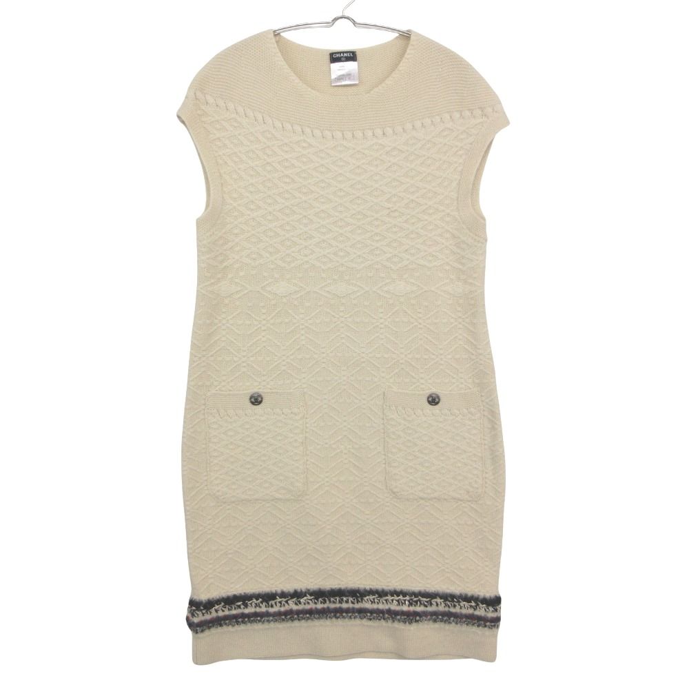 Chanel Dress Cashmere Knit Sleeveless Tweed Contrast Line CC Logo Button Ivory