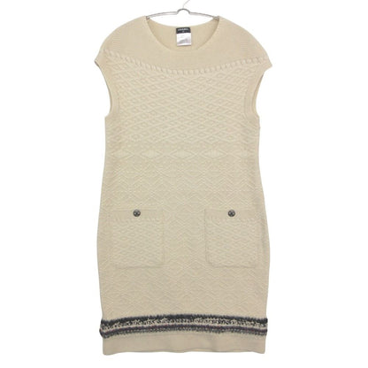 Chanel Dress Cashmere Knit Sleeveless Tweed Contrast Line CC Logo Button Ivory