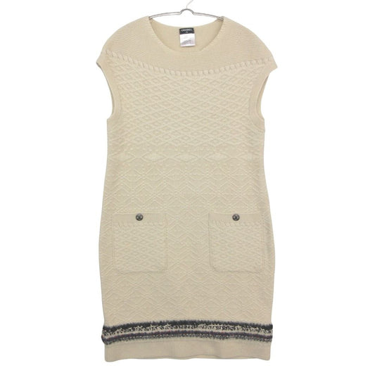 Chanel Dress Cashmere Knit Sleeveless Tweed Contrast Line CC Logo Button Ivory