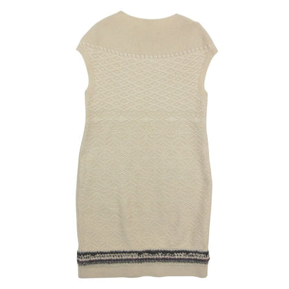 Chanel Dress Cashmere Knit Sleeveless Tweed Contrast Line CC Logo Button Ivory — view 2