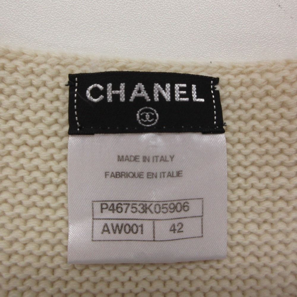 Chanel Dress Cashmere Knit Sleeveless Tweed Contrast Line CC Logo Button Ivory — view 3