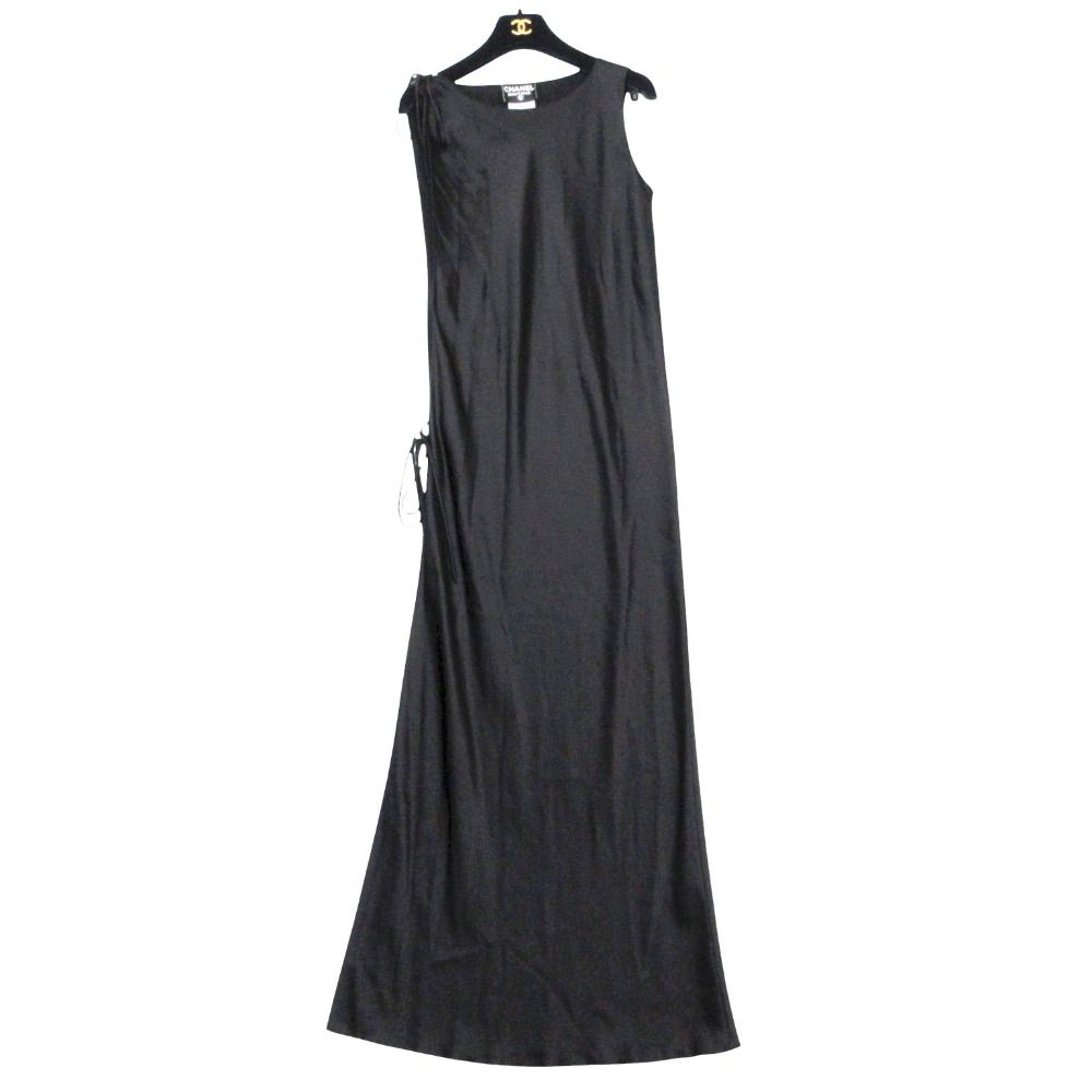 Chanel Dress Long Silk Layer CC Logo Button Black — view 6