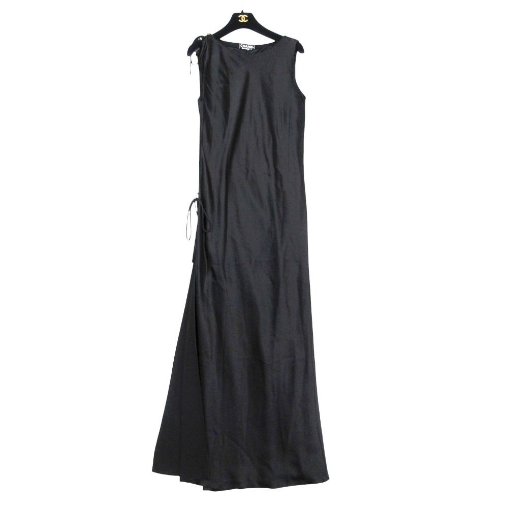 Chanel Dress Long Silk Layer CC Logo Button Black