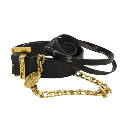 Chanel Belt Vintage CC Logo Chain Double Strand Leather Gold Black