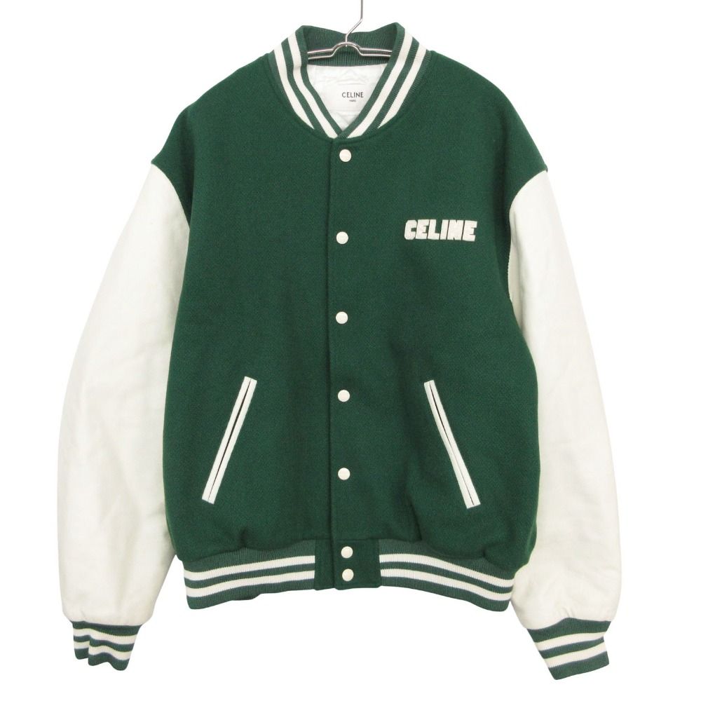 Celine Varsity Jacket Dijacket Leather Logo Patch Outer Green
