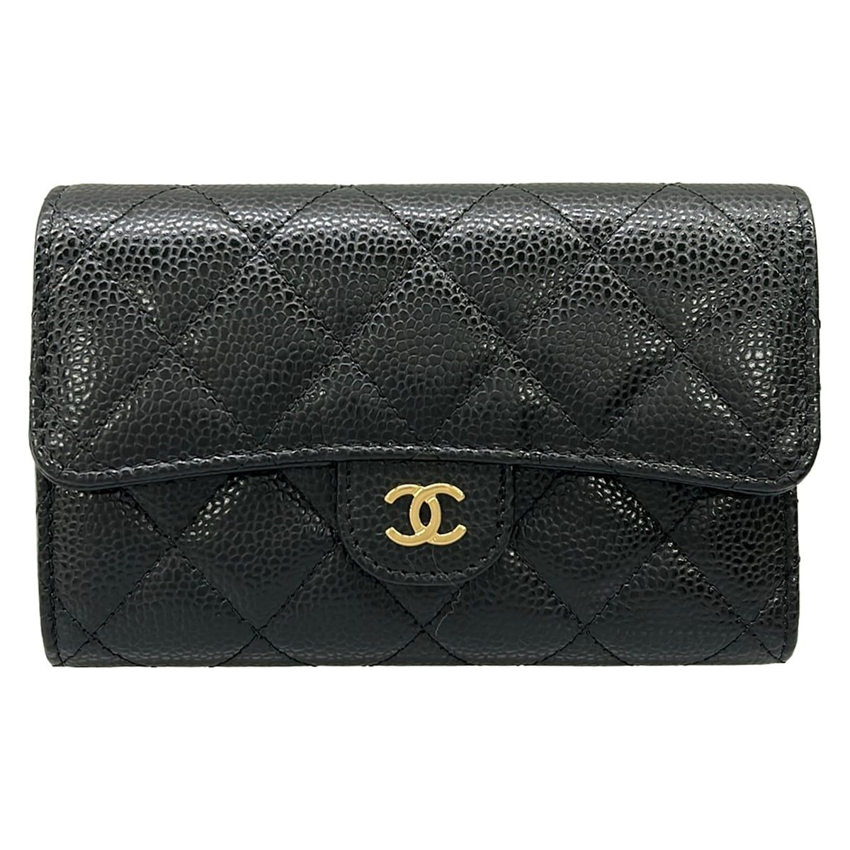 Chanel Trifold Wallet Classic Flap Quilted Black Gold