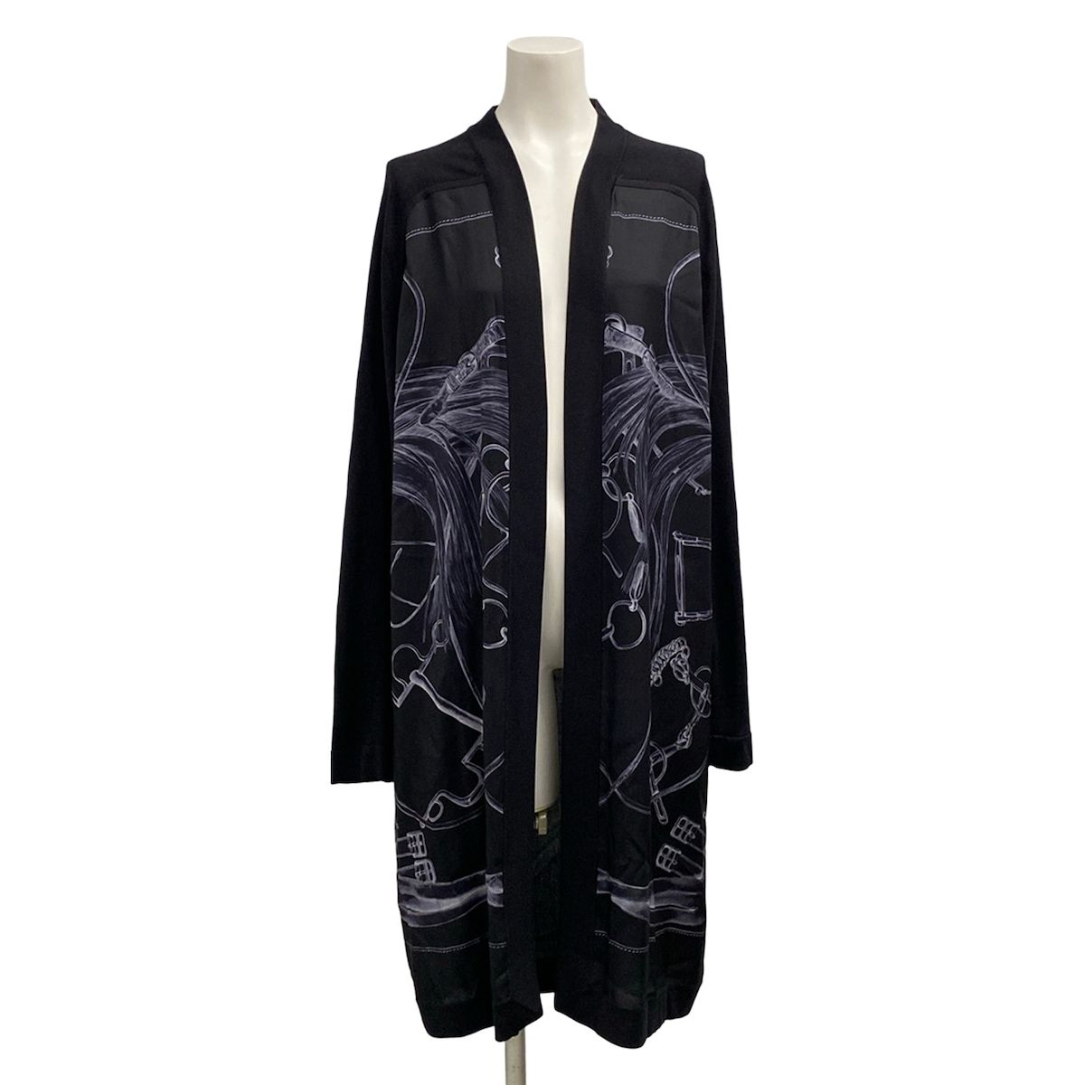 Hermes Cardigan 42 L Black Light Gray Long Sleeve Long Length Cashmere Silk