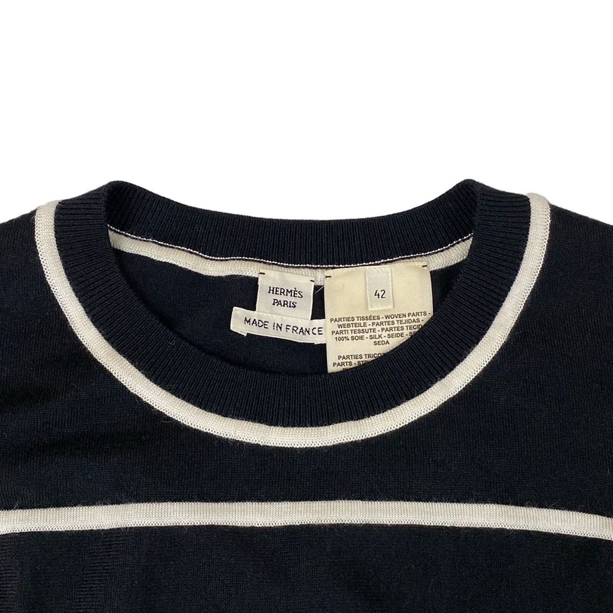 Hermes Dress 42 L Black Ivory Beige Crew Neck Long Sleeve Cashmere Silk — view 8
