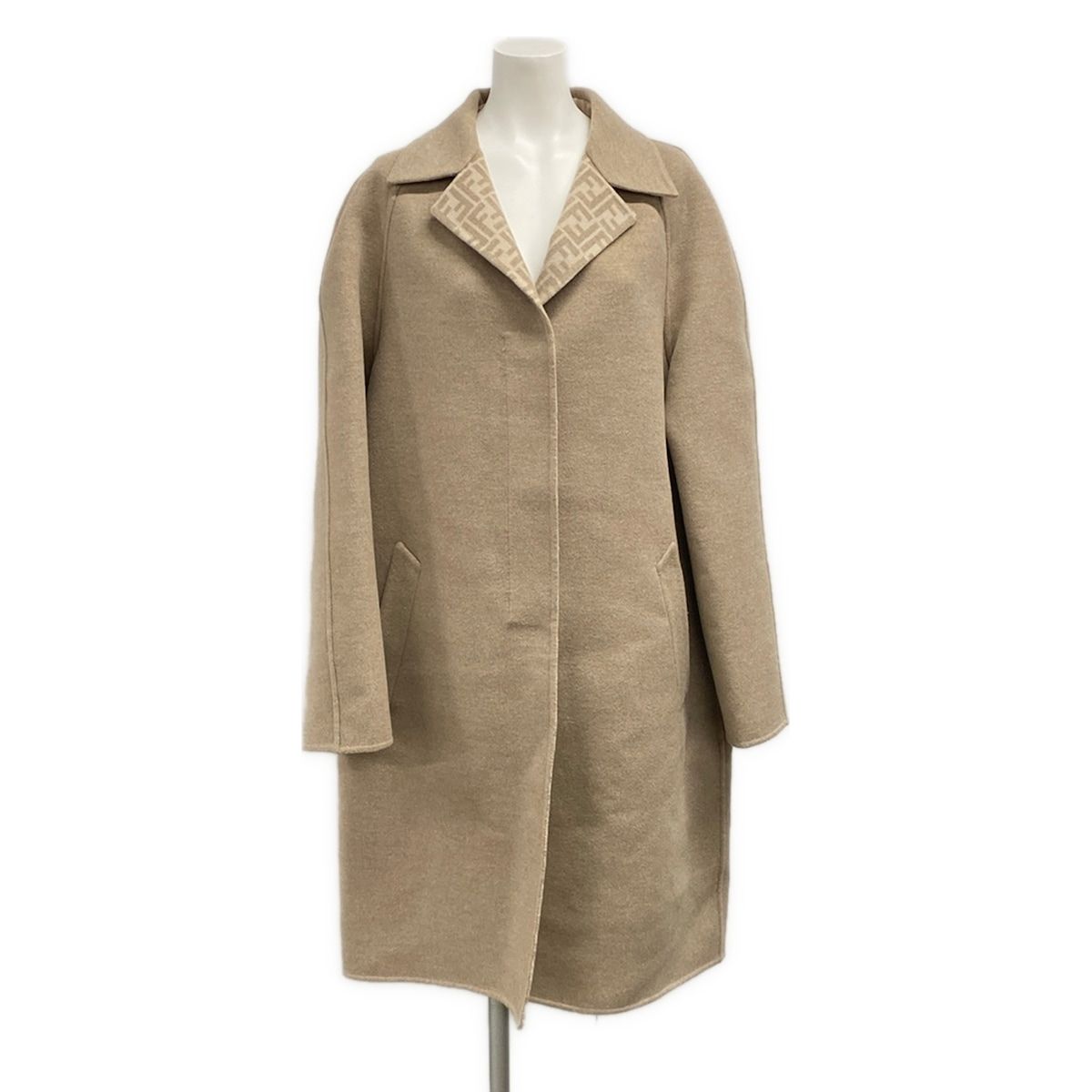 Fendi Coat 42 M Beige Long Sleeve Autumn Inside Zucca Pattern Wool Silk