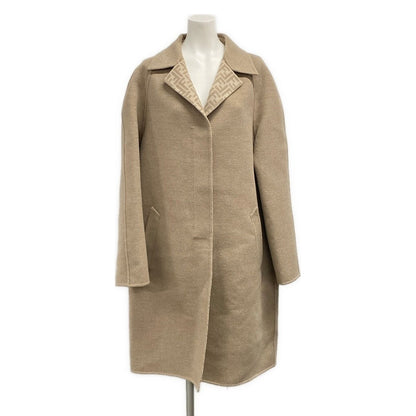 Fendi Coat 42 M Beige Long Sleeve Autumn Inside Zucca Pattern Wool Silk