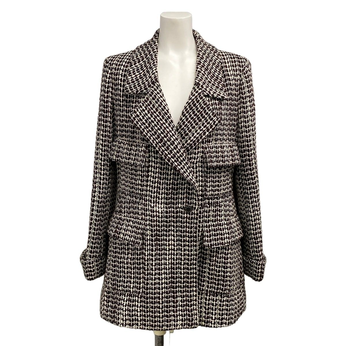 Chanel Jacket 42 L Dark Brown Long Sleeve Tweed Winter Autumn Wool