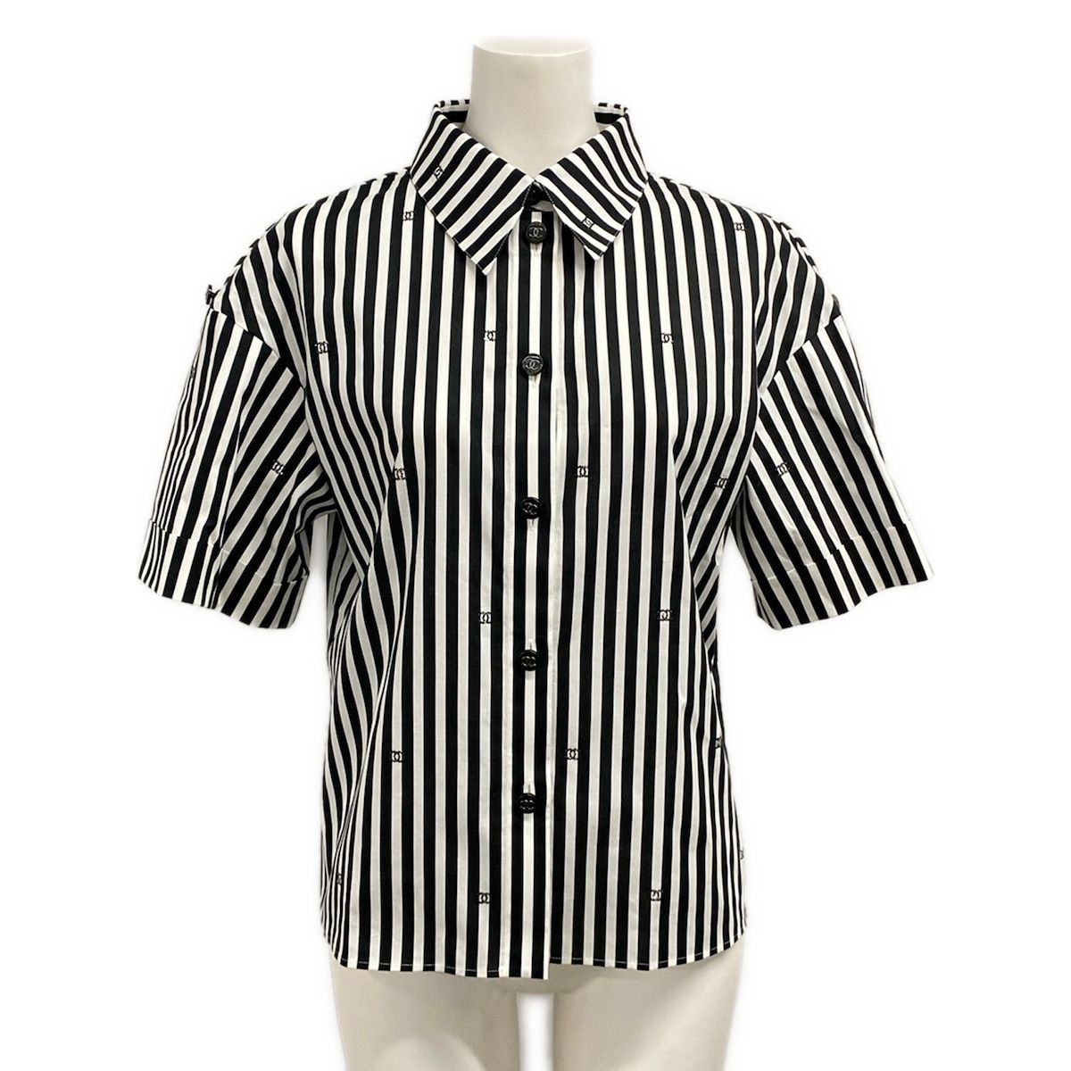 Chanel Short Sleeve Shirt Blouse 34 S White CC Logo Stripe Rhinestone Cotton