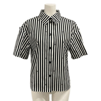 Chanel Short Sleeve Shirt Blouse 34 S White CC Logo Stripe Rhinestone Cotton