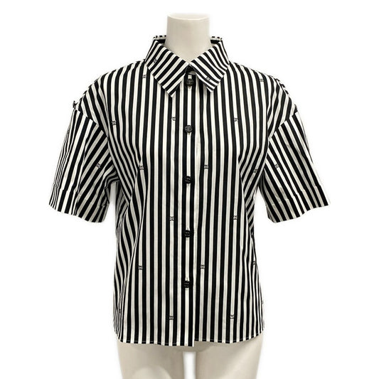 Chanel Short Sleeve Shirt Blouse 34 S White CC Logo Stripe Rhinestone Cotton