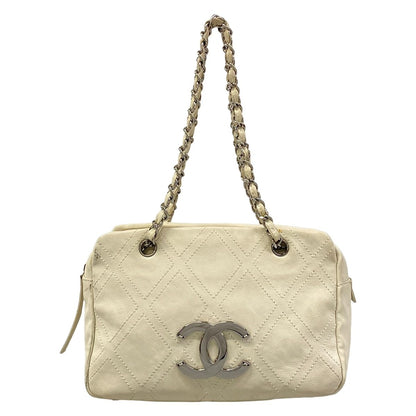 Chanel Shoulder Bag Diamond Stitch Ivory Chain CC Logo Silver Jumbo Leather