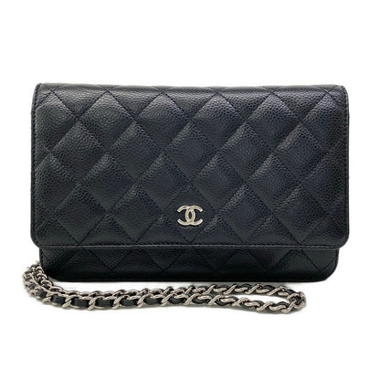 Chanel Wallet Quilted Black Chain Silver Shoulder
