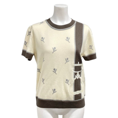 Hermes Short Sleeve Sweater 38 M Ivory Dark Gray Light Crew Neck Etriers