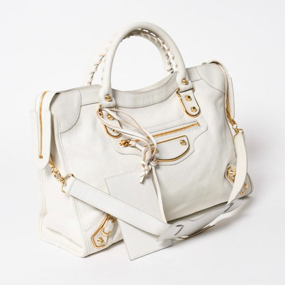 Balenciaga Metallic Edge City Leather 2-Way Shoulder Bag White Ivory Gold — view 3