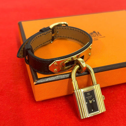 Hermes Vintage Kelly Watch Leather Wrist Black Gold