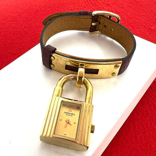 Hermes Vintage Kelly Watch Leather Quartz Brown Gold
