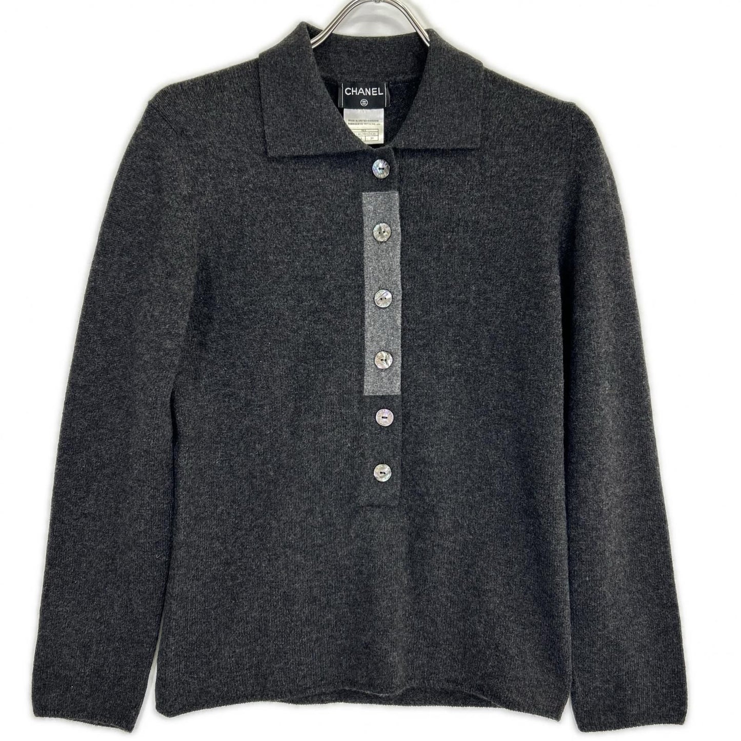 Chanel Collared Knit Top Cashmere Shell Button Gray 38 Sweater