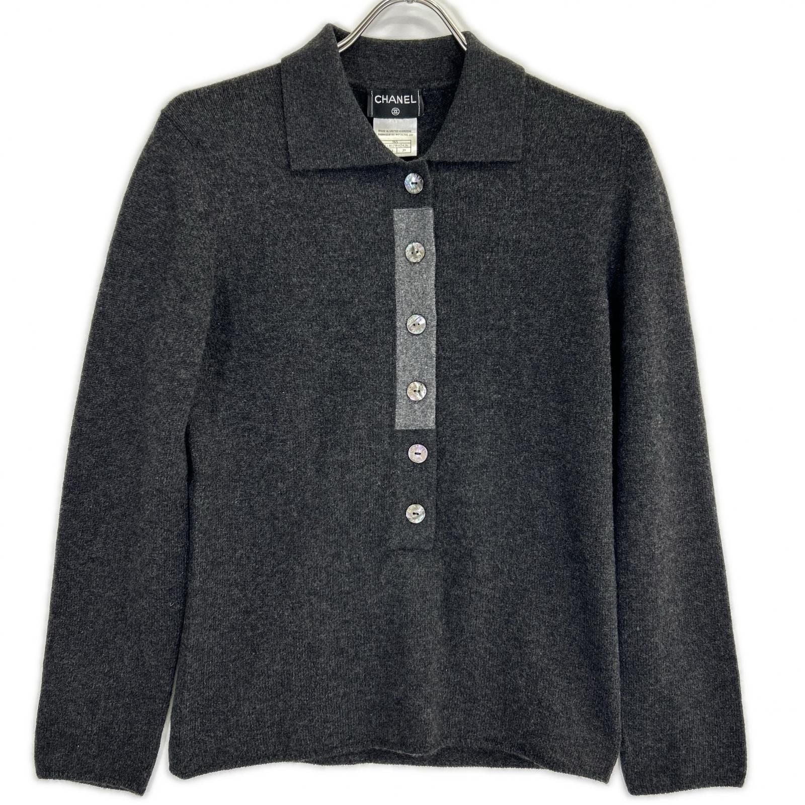 Chanel Collared Knit Top Cashmere Shell Button Gray 38 Sweater
