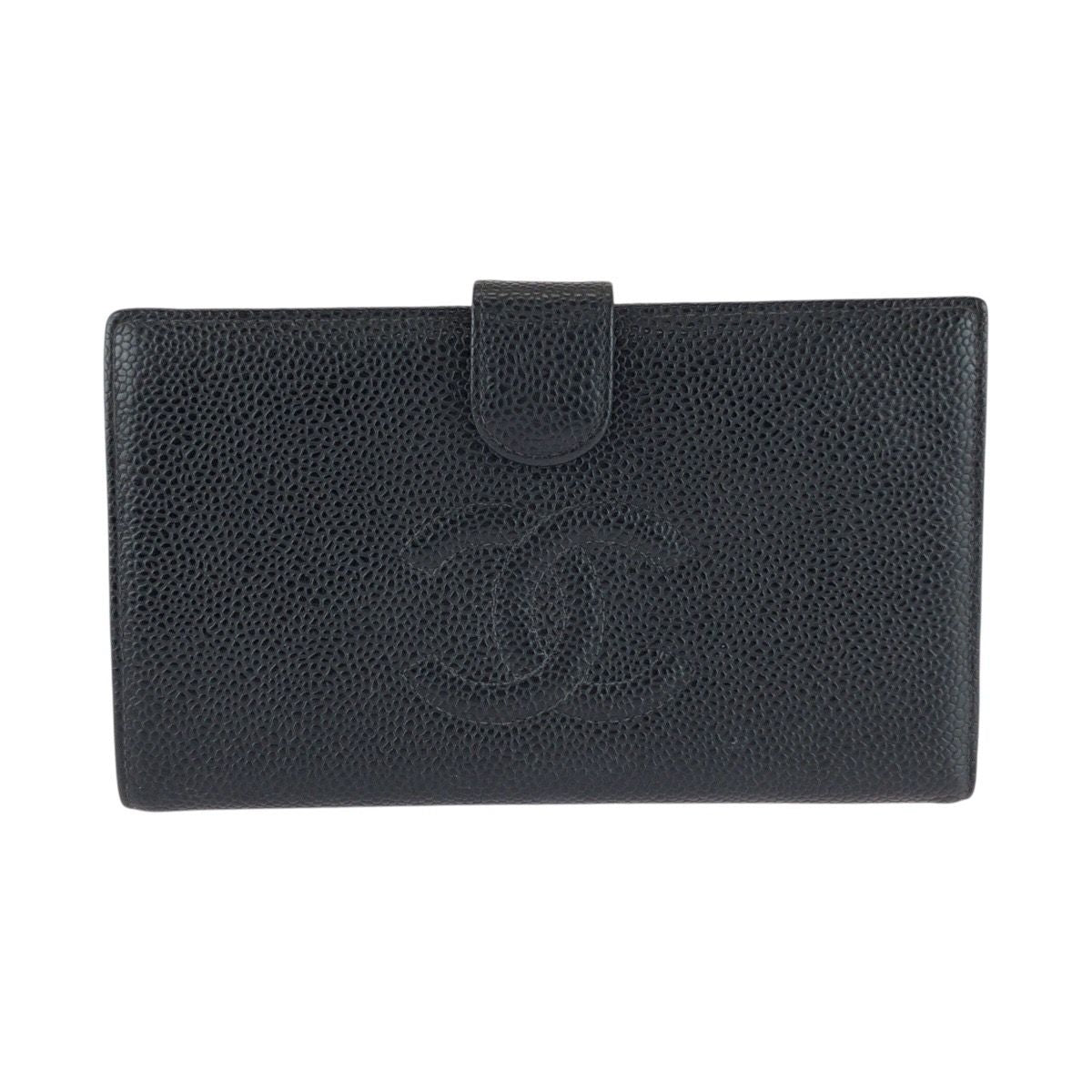 Chanel CC Logo Kiss Lock Black Gold Leather Wallet