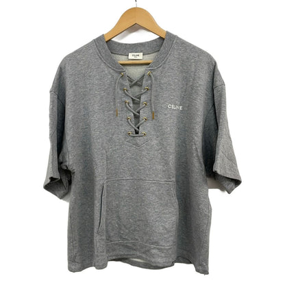 Celine Short Sleeve Top M Lace Color Loose Sweatshirt Shirt Gray Fleece Satin