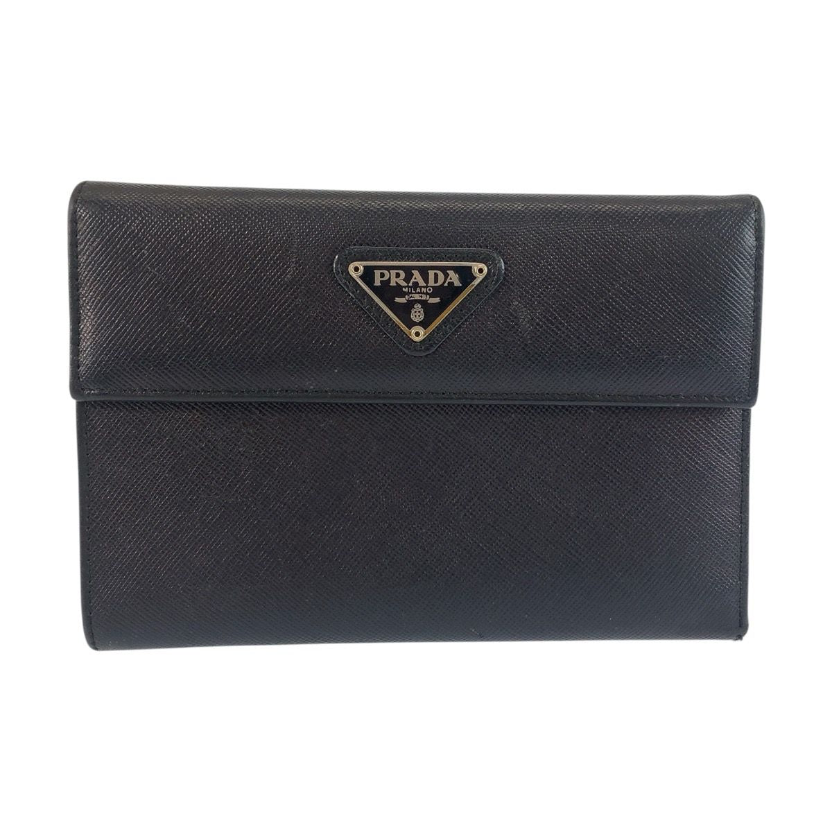 Prada Saffiano Black Silver Leather Compact Wallet