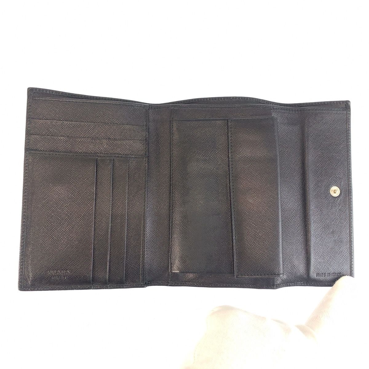 Prada Saffiano Black Silver Leather Compact Wallet — view 6