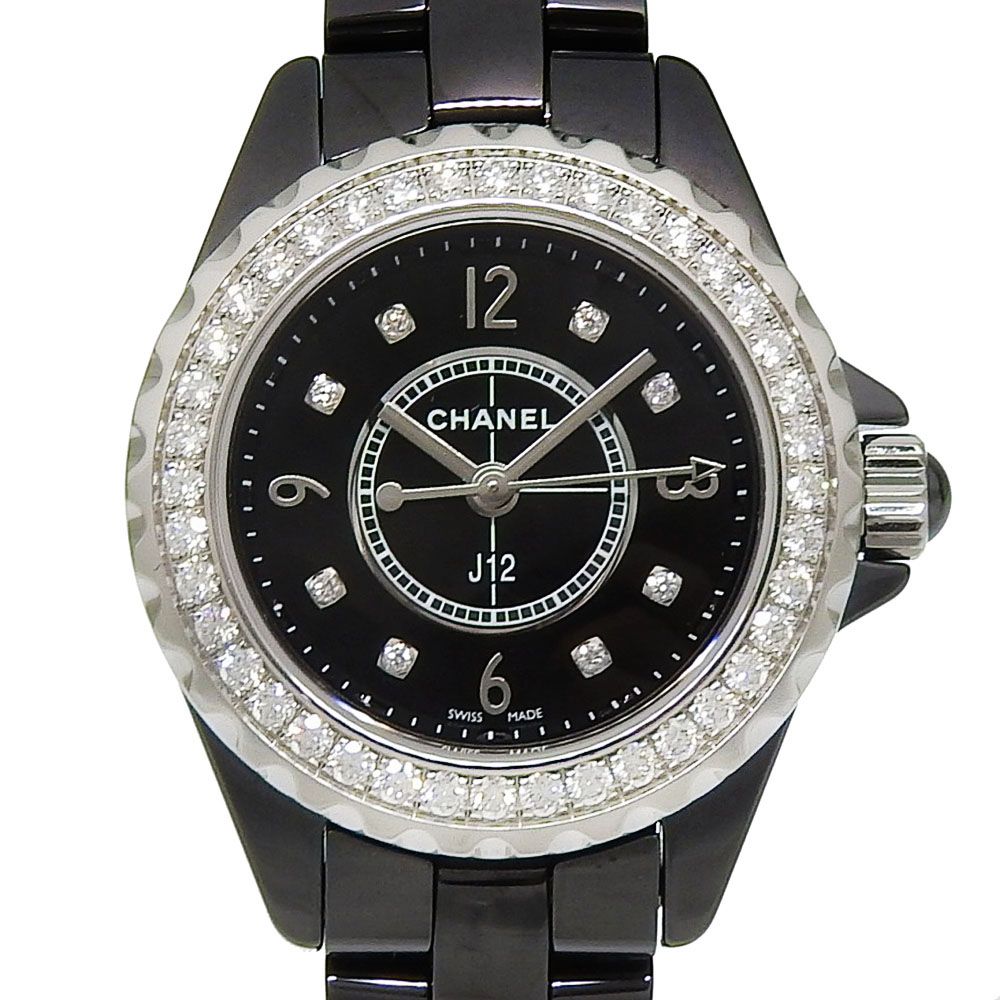 Chanel J12 Ceramic Diamond Quartz Analog Display Black Dial Watch