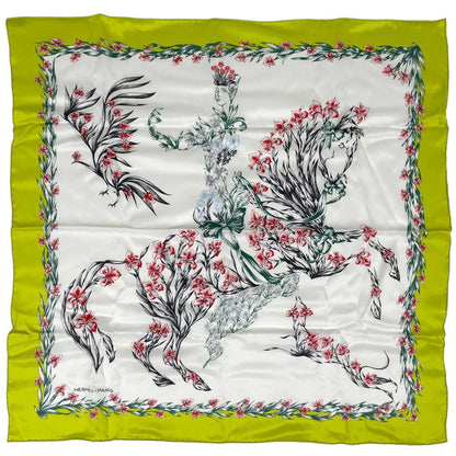 Hermes Carre 70 Hd'origny Scarf Flower Blooming Horse Silk Green White Multicolo