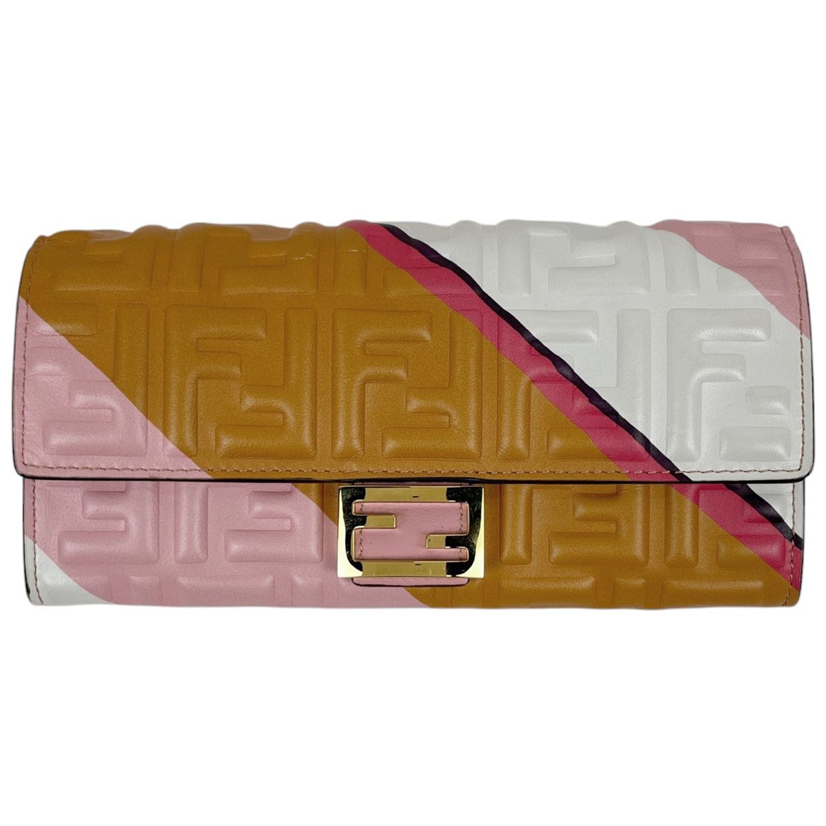 Fendi Continental Wallet Zucca Embossed Bifold Leather Pink Brown White