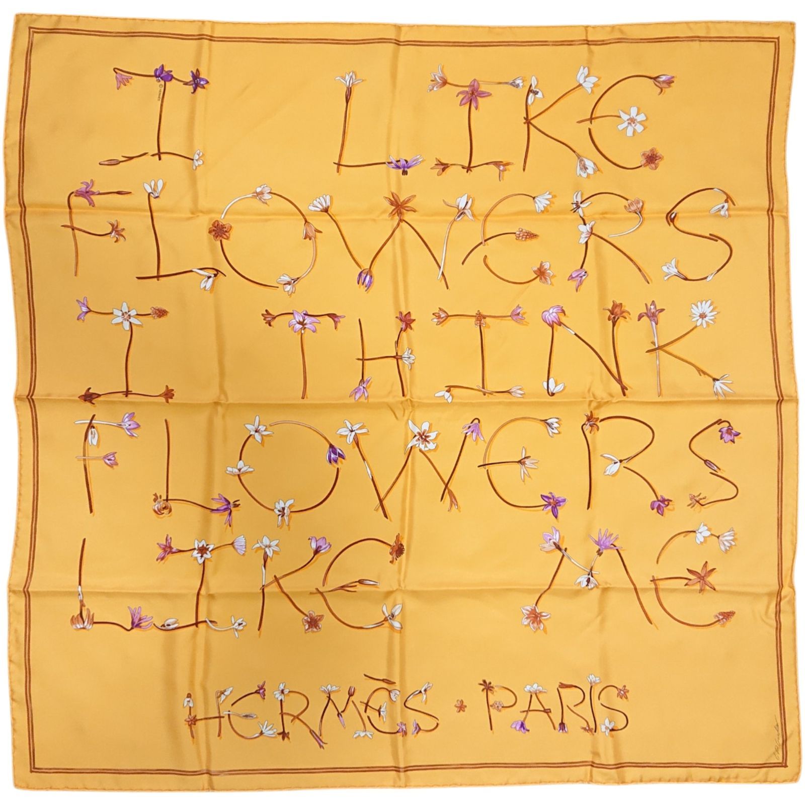 Hermes Carre 90 I Like Flowers Silk Scarf Yellow Box with Knotting Card