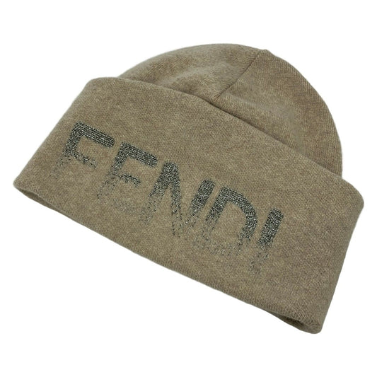 Fendi Knit Hat Ukuran S M Beige Lame Logo Wool Cashmere