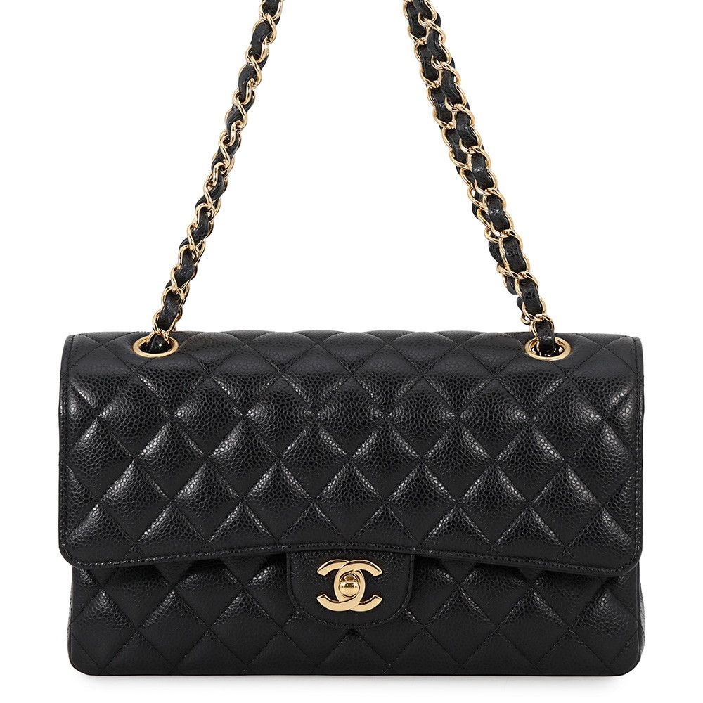 Chanel Shoulder Bag Quilted 25 CC Logo Double Chain Caviar Leather Black