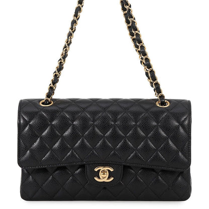 Chanel Shoulder Bag Quilted 25 CC Logo Double Chain Caviar Leather Black