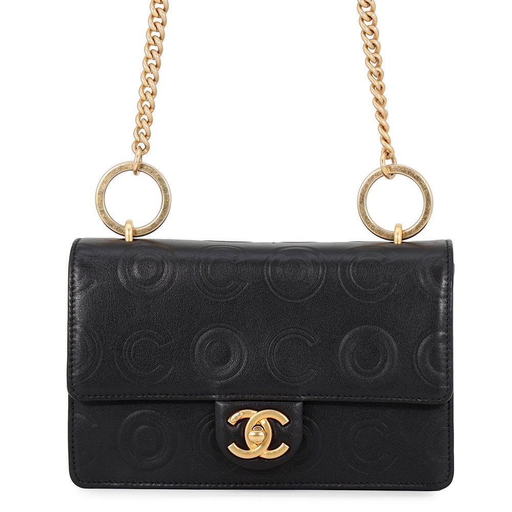 Chanel Chain Shoulder Bag Coco Embossed CC Logo Calf Leather Black