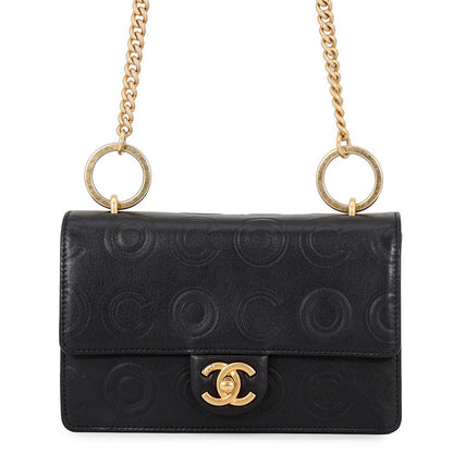 Chanel Chain Shoulder Bag Coco Embossed CC Logo Calf Leather Black