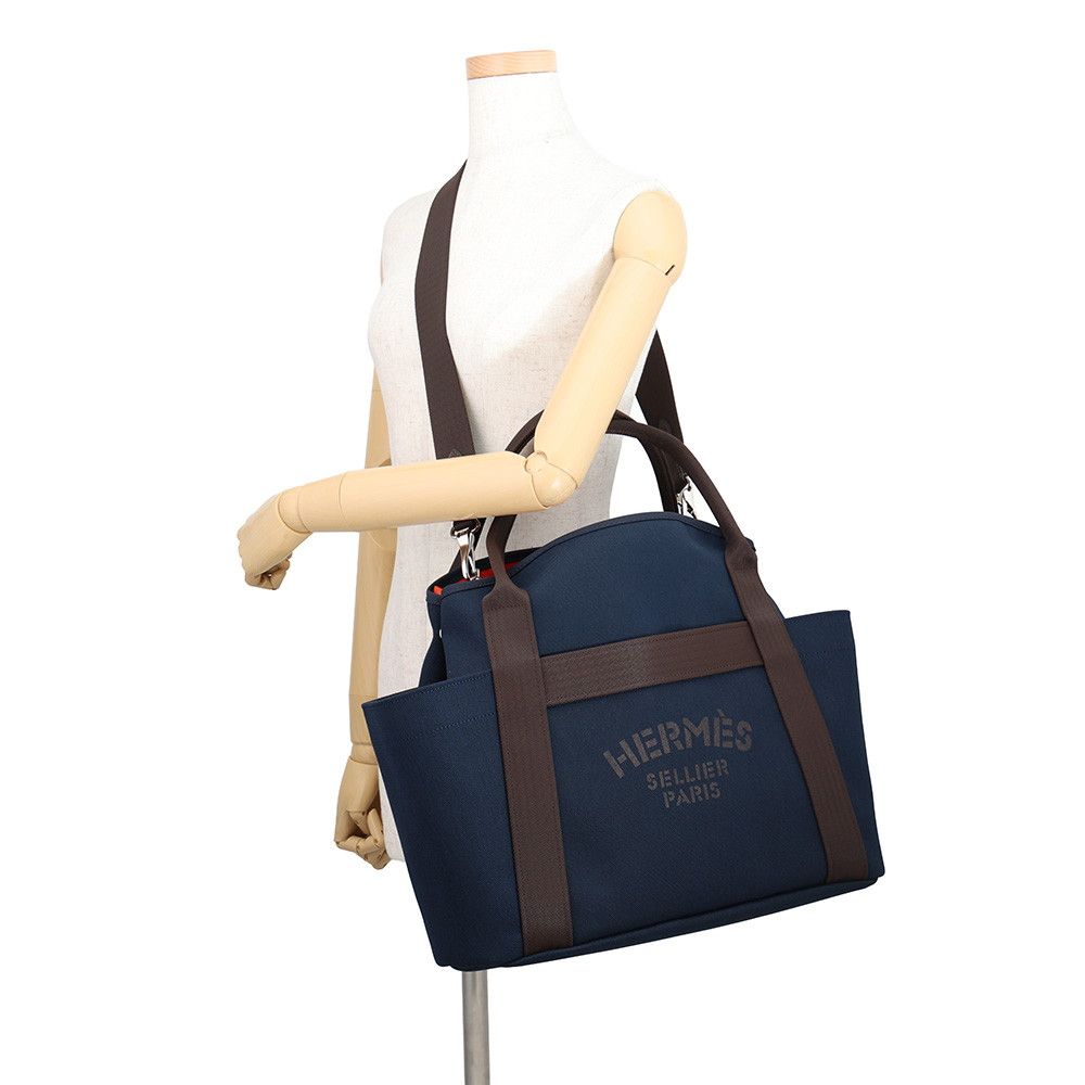 Hermes Sac de Panthere Ju Groom Navy Who Silver Twarshe Blanc Canvas Tote — view 5