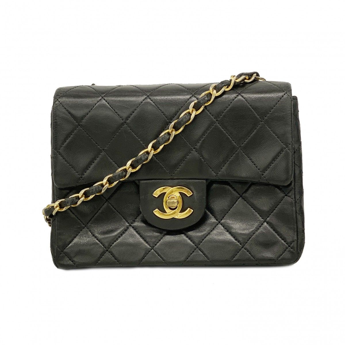 Chanel Shoulder Bag Mini Quilted Lambskin Black Gold