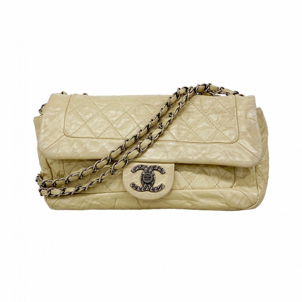 Chanel Shoulder Bag Quilted Calfskin Beige Silver
