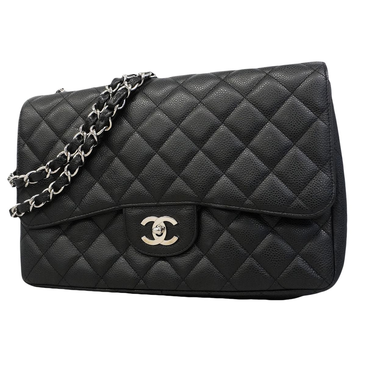 Chanel Shoulder Bag Maxi Quilted Caviar Leather Black Silver