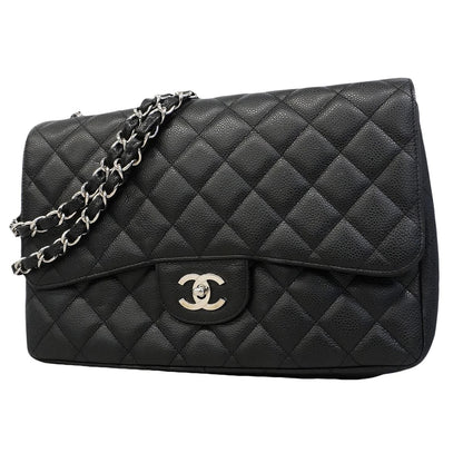 Chanel Shoulder Bag Maxi Quilted Caviar Leather Black Silver