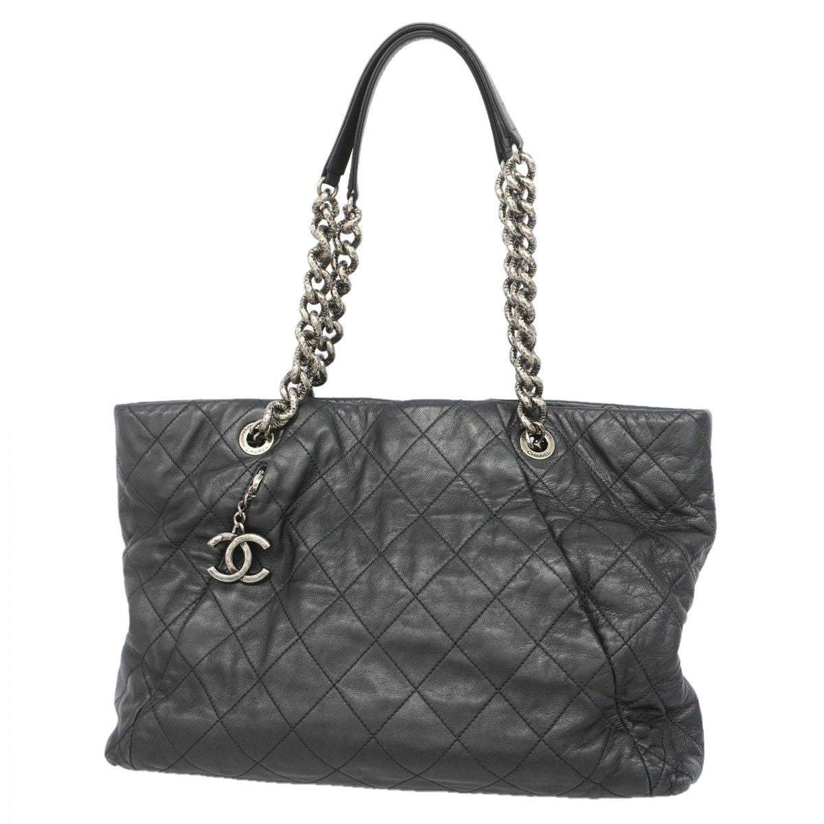 Chanel Tote Quilted Lambskin Black Silver