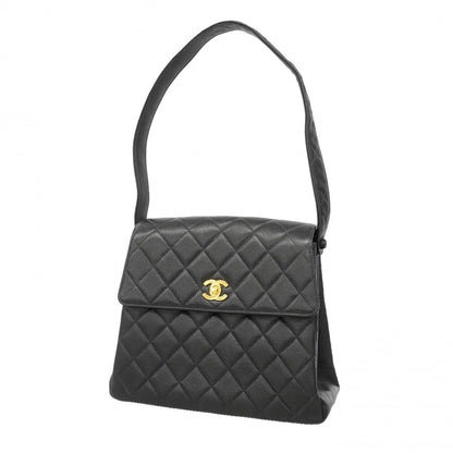 Chanel Shoulder Bag Quilted Caviar Leather Black Gold