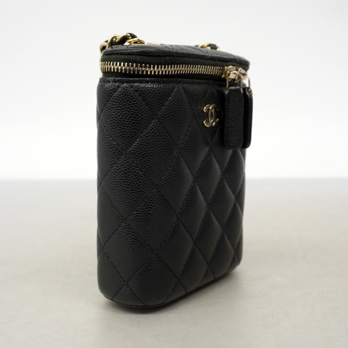Chanel Shoulder Bag Quilted Caviar Leather Black Champagne Gold — view 2