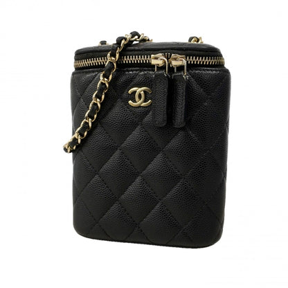Chanel Shoulder Bag Quilted Caviar Leather Black Champagne Gold