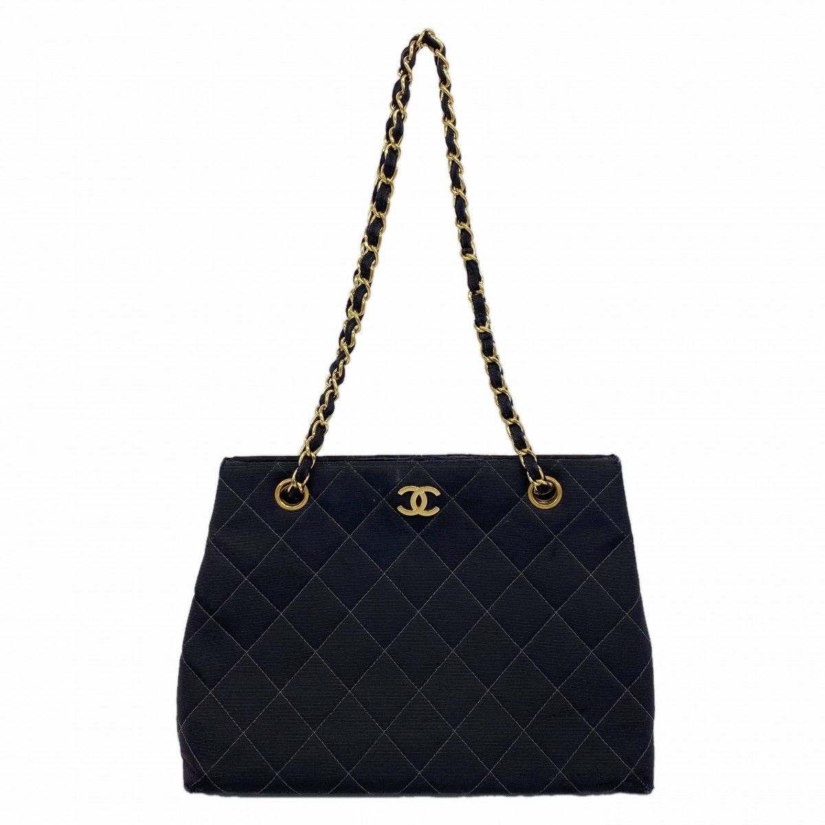Chanel Shoulder Bag Quilted Cotton Black Gold